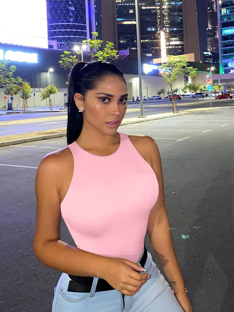 LCNBA Women's Sexy High Neck Sleeveless Bodysuit Basic Top Bodysuit Jumpsuit Pink S - Image 4