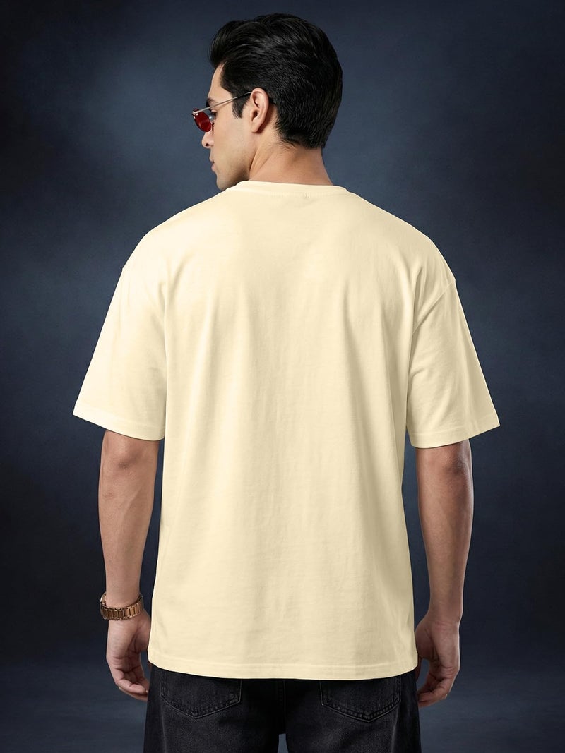Veirdo® Oversize Loose Baggy Fit Drop Shoulder Cool and Stylish Latest Duck Pocket Print Design Beige Half Sleeve T-Shirt for Men (XXL) - Image 3