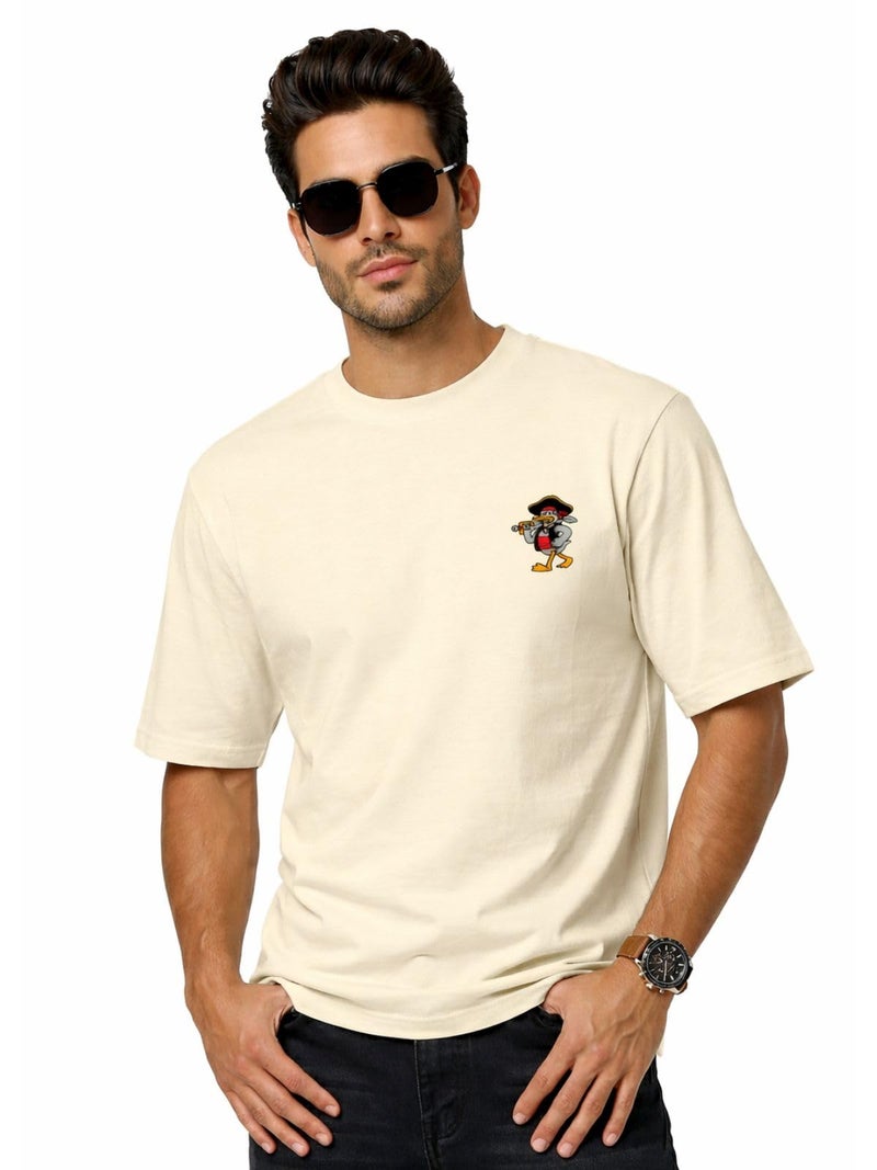 Veirdo® Oversize Loose Baggy Fit Drop Shoulder Cool and Stylish Latest Duck Pocket Print Design Beige Half Sleeve T-Shirt for Men (XXL) - Image 1