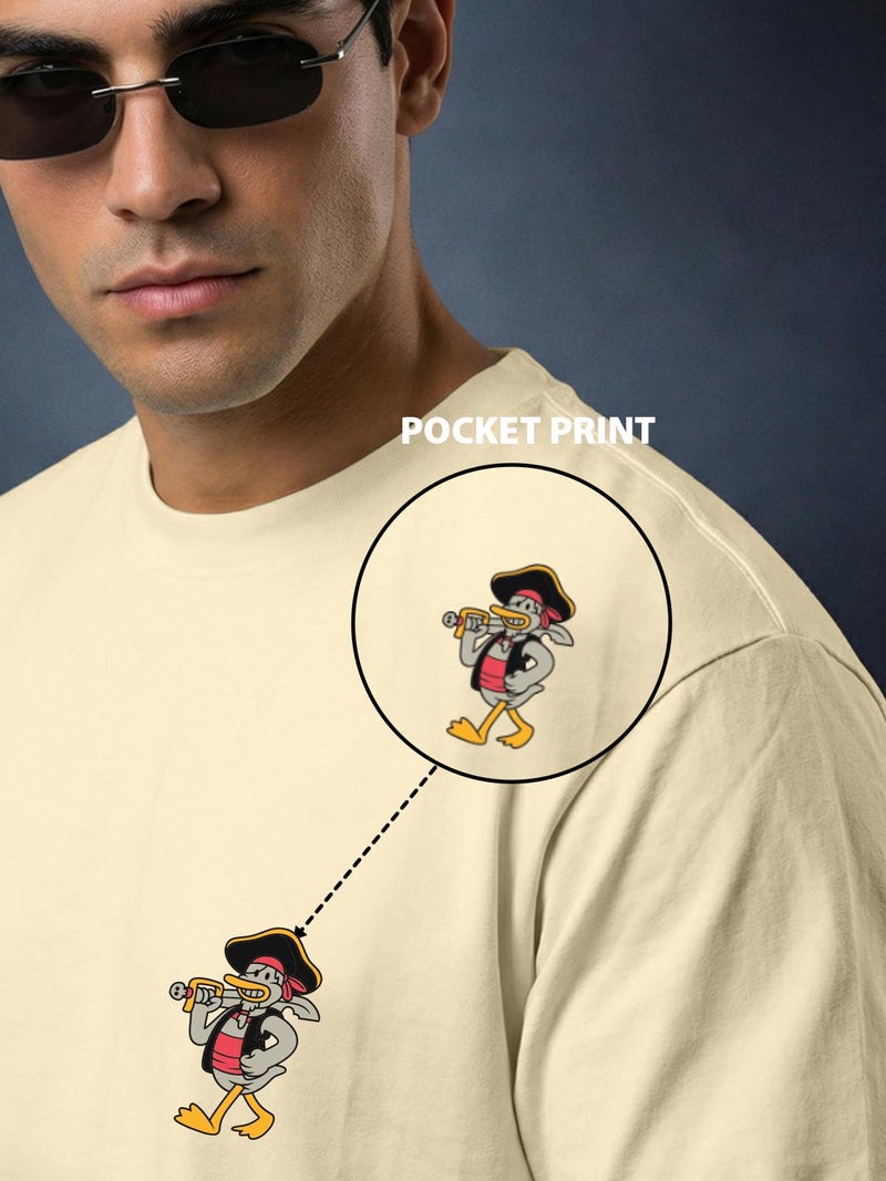 Veirdo® Oversize Loose Baggy Fit Drop Shoulder Cool and Stylish Latest Duck Pocket Print Design Beige Half Sleeve T-Shirt for Men (XXL) - Image 4