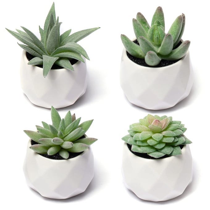 Fake Succulent Plant Set Artificial Plants for Women Desk Realistic Faux Succulents in Ceramic Pots Mini Green Decor for Bedroom Bathroom Office Shelf 4 Pack