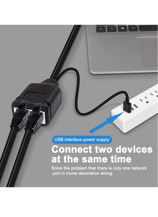Generic Ethernet Splitter 1 to 2 Adapter RJ45 Splitter High-Speed LAN Distributor Connector with USB Power Cable-30cm RJ45 1 Male to 2Female Network Adapter 8P8C 100Mbps for Cat5 5e 6 7 Ethernet Cable  - Image 2