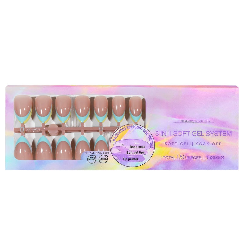 French Gel Nail Tips 150 Pcs 3-In-1 Pre-Applied Base Coat & Primer - No Primer Needed Soft Gel Tips for Nail Art DIY Beginners Home Salon Use - Image 1