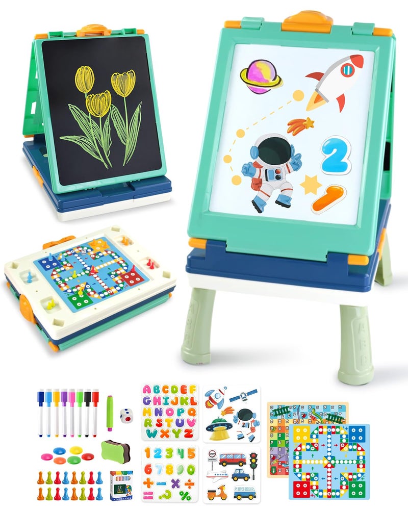 Elovien Easel for KidsTabletop Easel for Toddler Foldable 4 in 1 Double Sided Kids Art Easel with Chalkboard  Magnetic WhiteboardPortable Desktop Drawing Board  Gift for Boys and Girls Green - Image 2