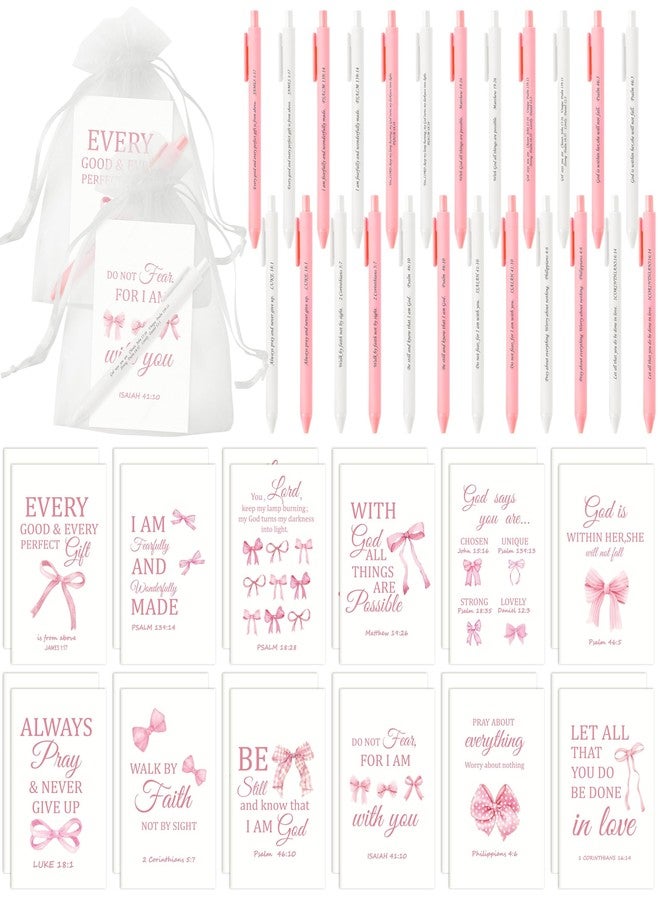 ANGOLIO Christian Gifts Stationery Bulk - 72 Pink Bow Notebooks Pens Bible Verse Ballpoint Pens Religious Set, Encouragement Notebooks Pens Party Church Gift for Women Girls, Exchange VBS Supplies - Image 1