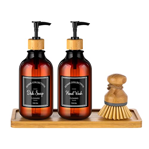 Zopeal 4 Pcs Kitchen Soap Dispenser Set 16 oz Dish Soap Dispenser with Bamboo Tray and Dish Brush Plastic Soap Dispenser Set with Waterproof Labels for Hand Soap Dish Lotion Brown