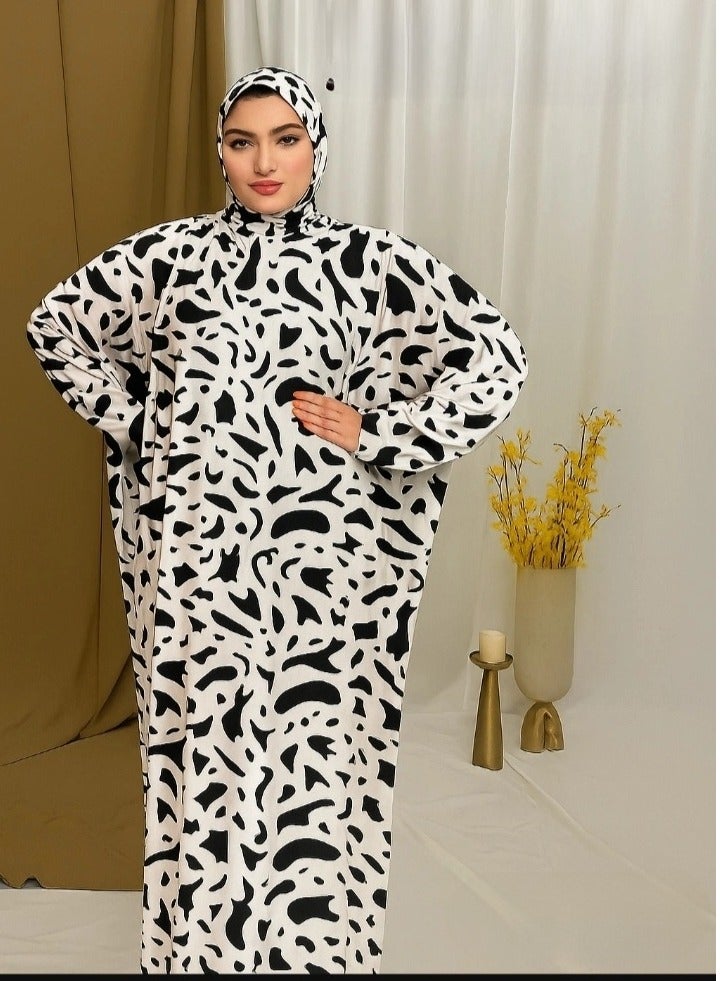 Women's Prayer Dress, Black and White Abstract Pattern, Long Sleeve Prayer Robe, Islamic Worship Garment