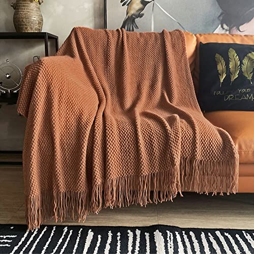 LOMAO Knitted Throw Blanket with Tassels Bubble Textured Lightweight Throws for Couch Cover Home Decor (Caramel, 60x80) - Image 1