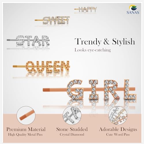 Sanas Hair Pins 8Pcs For Women Stylish Metal Hair Accessories Bobby Pins For Hair Stone Clips For Hair Women’s Letters Words Side Pin Crystal Hair Accessory 8Pcs - Image 3