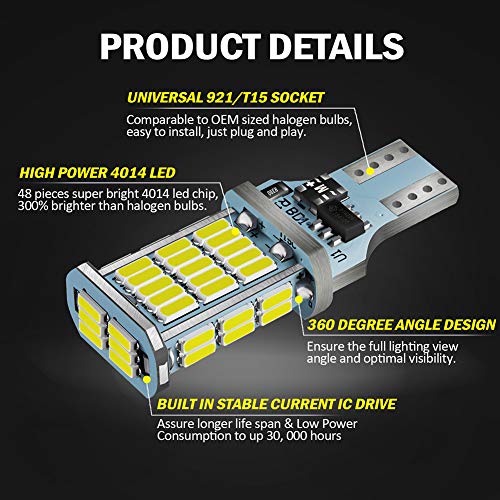 Antline Extremely Bright 921 912 906 T15 W16W LED Bulb White, CANBUS 48-SMD 4014 Chipsets 1300 Lumens LED Replacement for Car Backup Reverse Center High Mount Stop Light Bulbs(Pack of 2) - Image 2