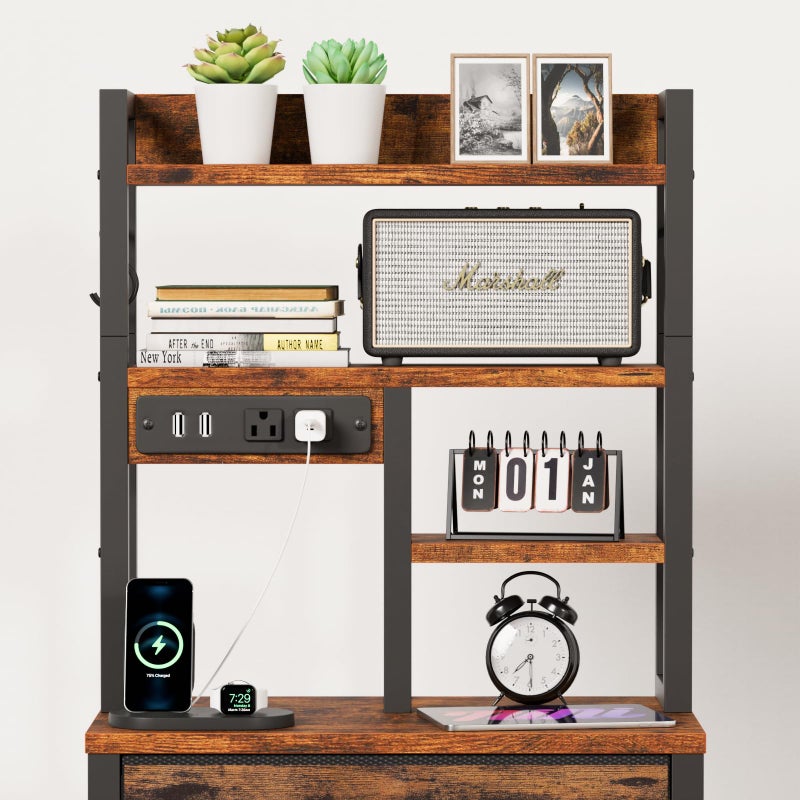 Furnulem Tall Night Stand with LED & USB Ports, 45.3inch Nightstand with Open Bookshelf, Bedside Table with 3 Fabric Drawers for Bedroom/Dorm/Office, Rustic Brown Wood-Metal Frame - Image 5