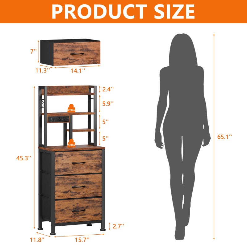 Furnulem Tall Night Stand with LED & USB Ports, 45.3inch Nightstand with Open Bookshelf, Bedside Table with 3 Fabric Drawers for Bedroom/Dorm/Office, Rustic Brown Wood-Metal Frame - Image 2