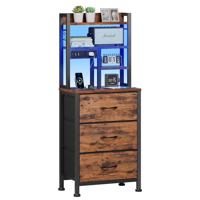 Furnulem Tall Night Stand with LED & USB Ports, 45.3inch Nightstand with Open Bookshelf, Bedside Table with 3 Fabric Drawers for Bedroom/Dorm/Office, Rustic Brown Wood-Metal Frame - Image 1