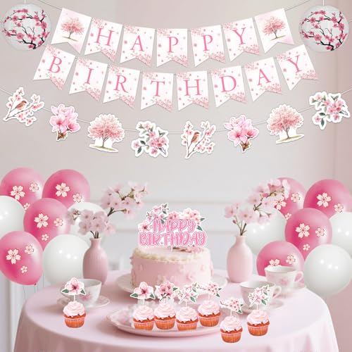 Fangleland Pink Cherry Blossom Birthday Party Decorations Happy Birthday Banner Cake Topper Sakura Themed Garland Cupcake Topper Paper Lanterns and Balloons for Woman Party Supplies - Image 5
