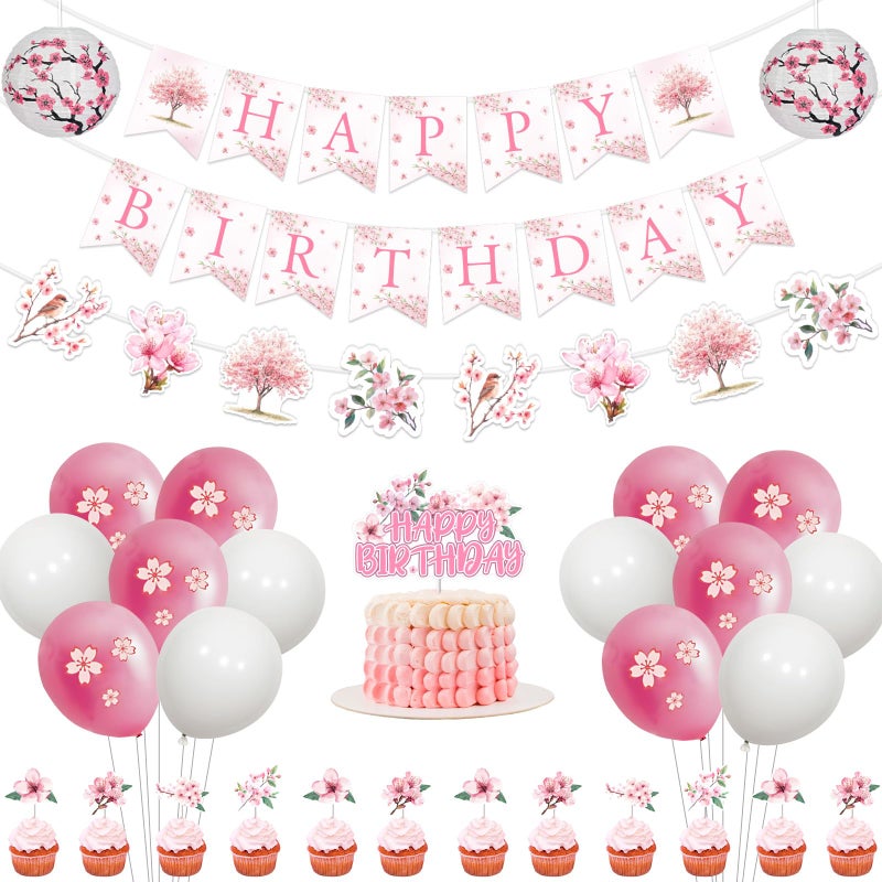 Fangleland Pink Cherry Blossom Birthday Party Decorations Happy Birthday Banner Cake Topper Sakura Themed Garland Cupcake Topper Paper Lanterns and Balloons for Woman Party Supplies - Image 3