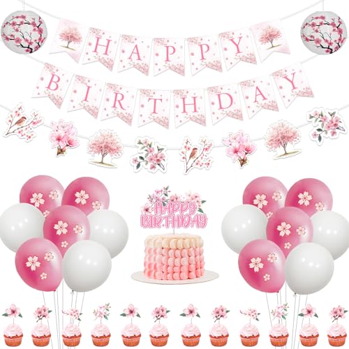 Fangleland Pink Cherry Blossom Birthday Party Decorations Happy Birthday Banner Cake Topper Sakura Themed Garland Cupcake Topper Paper Lanterns and Balloons for Woman Party Supplies - Image 1