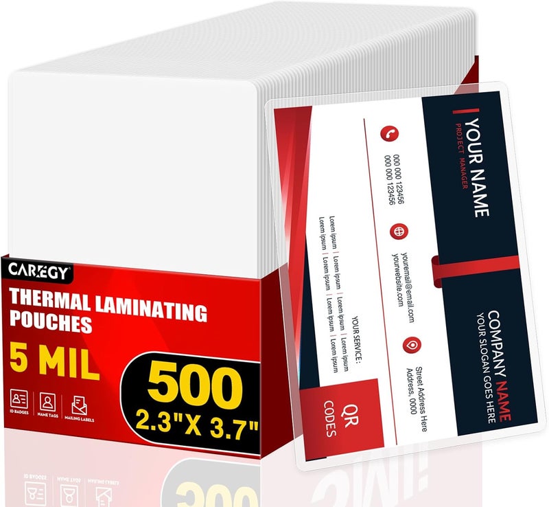 CAREGY أكياس تغليف حراري من ، 500 قطعة، 5 مل، تناسب بطاقات العمل مقاس 2 × 3.5 بوصة، ورق تغليف شفاف للحماية مقاس 2.3 × 3.7 بوصة، زوايا مستديرة، للاستخدام المنزلي والمكتبي - Image 1