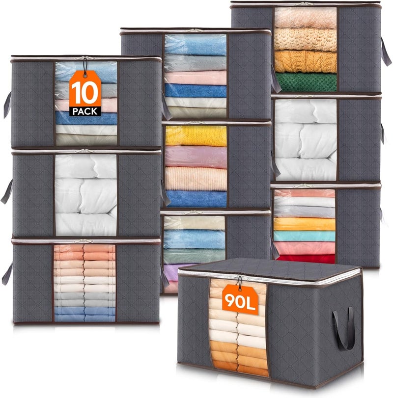 Lifewit 10 Packs Clothes Storage Bag, Storage Bins for Clothes, Blankets, Comforters, Foldable Clothing Storage with Reinforced Handle, Sturdy Zipper, Closet Organizer With Clear Window, Large, Grey - Image 1