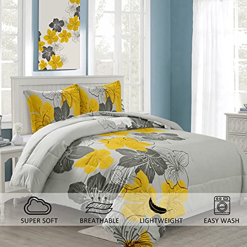 Menghomeus King Comforter Set Yellow Floral and Grey Bedding, Soft Microfiber Bedding Lightweight Boho Bed Comforter Set for All Season (1 Comforter, 2 Pillowcases) - Image 2