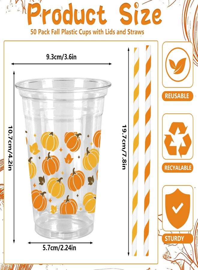 Whaline 50Pcs Fall Plastic Cups with Lids Straws Orange Yellow Brown Pumpkin Maple Clear Plastic Cups 12oz Disposable Cup for Autumn Thanksgiving Party Favors Supplies - Image 2