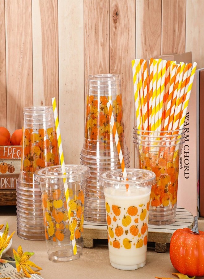 Whaline 50Pcs Fall Plastic Cups with Lids Straws Orange Yellow Brown Pumpkin Maple Clear Plastic Cups 12oz Disposable Cup for Autumn Thanksgiving Party Favors Supplies - Image 5