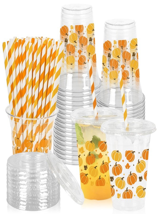 Whaline 50Pcs Fall Plastic Cups with Lids Straws Orange Yellow Brown Pumpkin Maple Clear Plastic Cups 12oz Disposable Cup for Autumn Thanksgiving Party Favors Supplies - Image 1