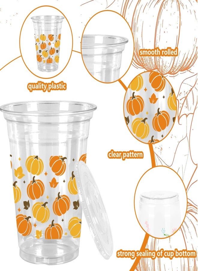 Whaline 50Pcs Fall Plastic Cups with Lids Straws Orange Yellow Brown Pumpkin Maple Clear Plastic Cups 12oz Disposable Cup for Autumn Thanksgiving Party Favors Supplies - Image 3