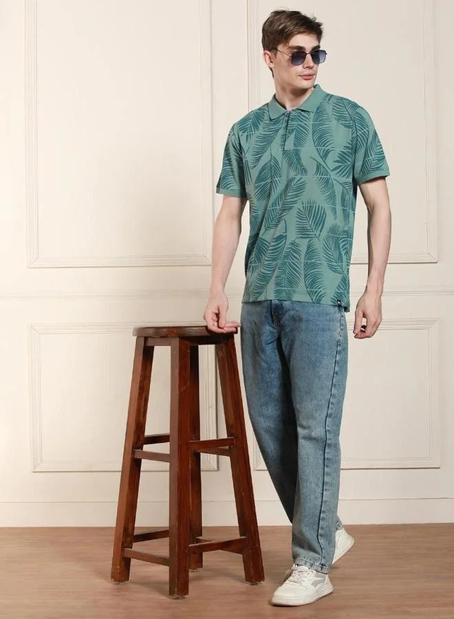 Dennis Lingo Dennis lingo Men Green Leaf Print Cotton Polo