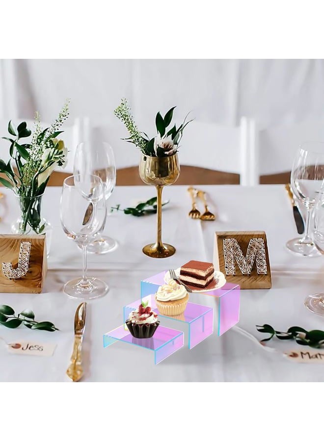 SOVQUEST 6 PCs Risers Display Stands 3 Tiers Desktop Acrylic Shelves Cake Dessert Holder Products Stand for Collectibles Shoes Jewels Pop Figure (Iridescent2) - Image 2