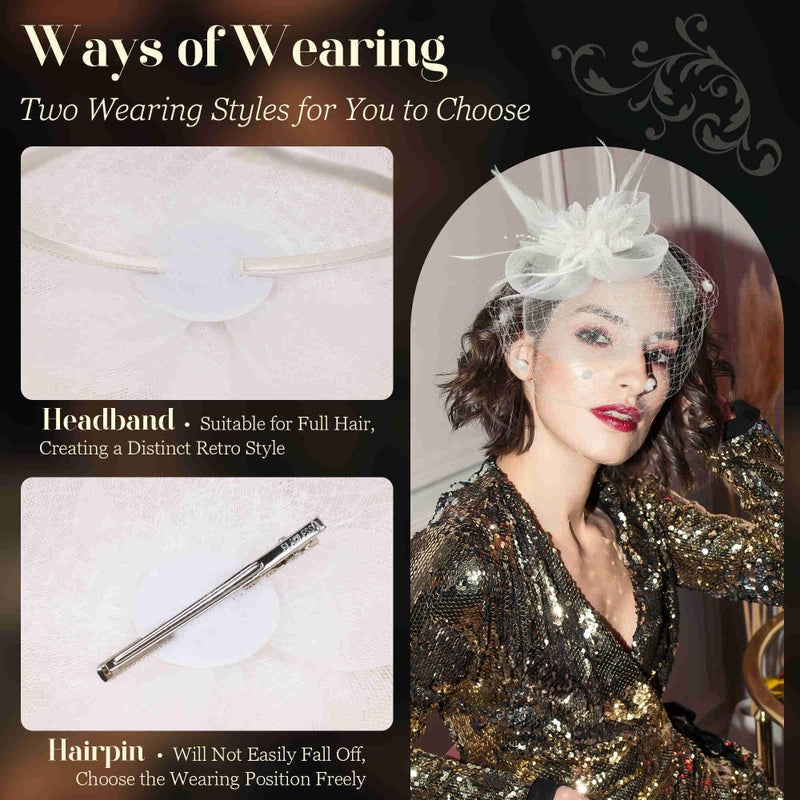 Masedy Fascinators Hats for Women Tea Party Hat Feather Mesh Headband Vintage Lace Headwear Veil Hair Clip Church White - Image 3