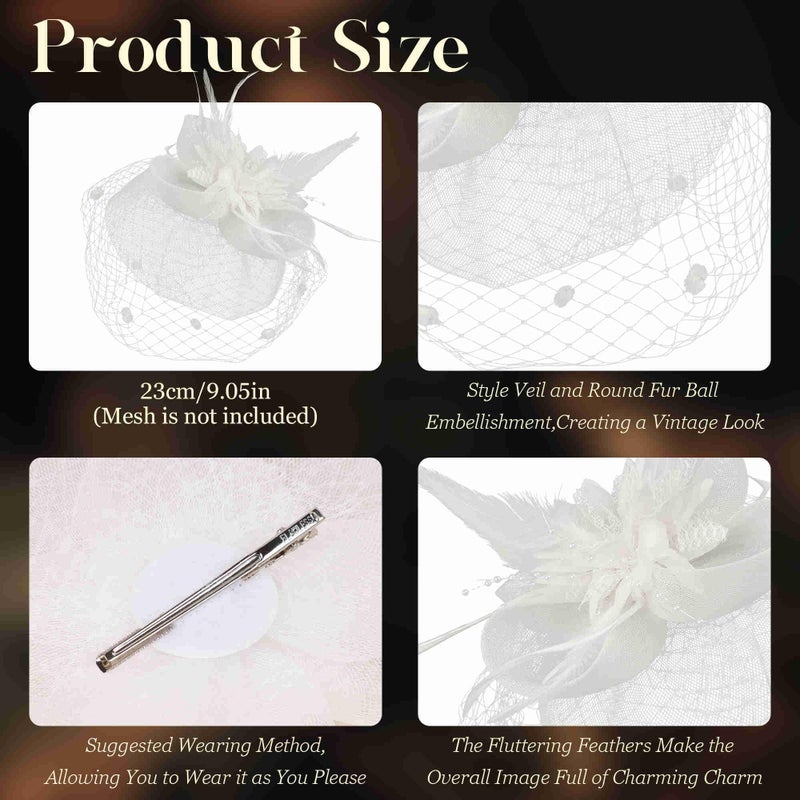 Masedy Fascinators Hats for Women Tea Party Hat Feather Mesh Headband Vintage Lace Headwear Veil Hair Clip Church White - Image 2