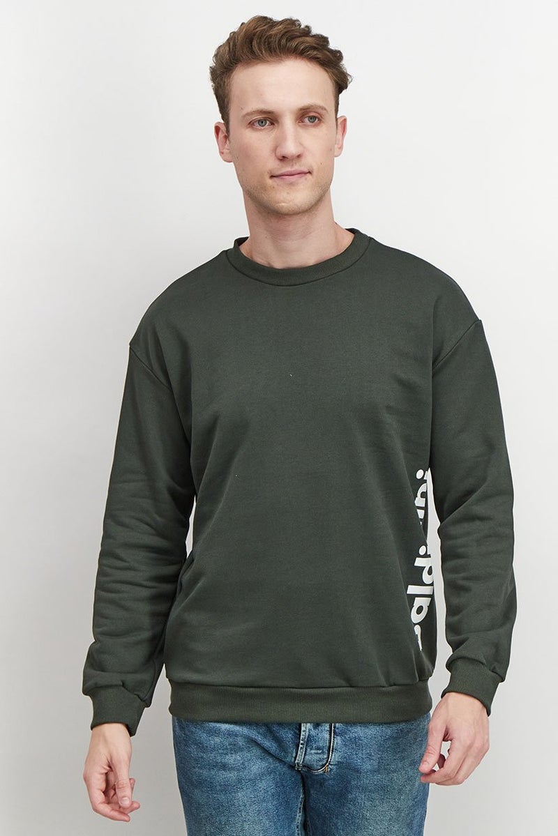 Baldinini Men Crew Neck Long Sleeve Brand Logo Sweatshirt , Olive - Image 1