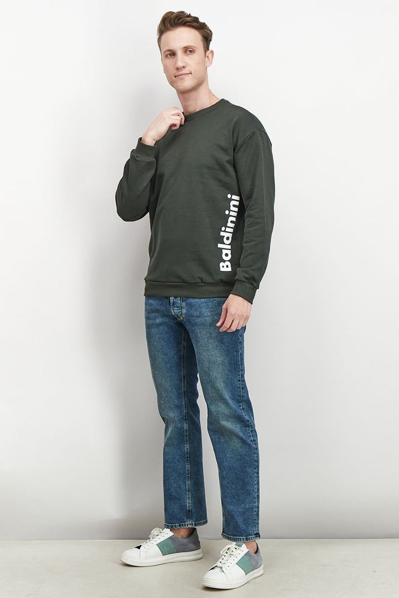Baldinini Men Crew Neck Long Sleeve Brand Logo Sweatshirt , Olive - Image 3