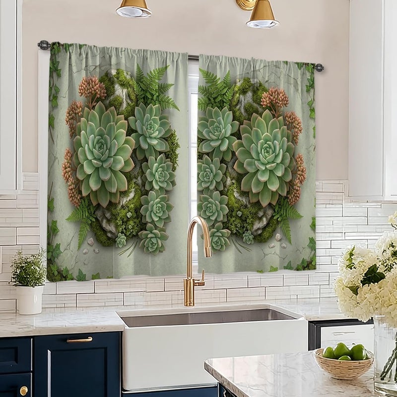 Succulent Kitchen Curtains, Natural Rustic Fern Stone Summer Green Cafe Curtain Panels with Rod Pocket Window Decoration for Dining Room Breakfast Nook Sink Area 26x45 Inch - Image 1