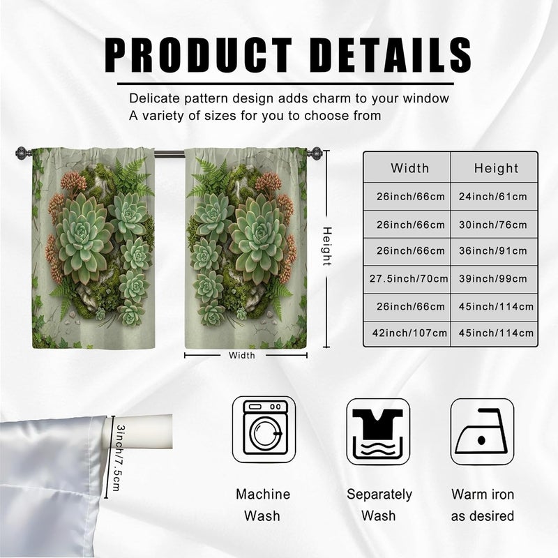 Succulent Kitchen Curtains, Natural Rustic Fern Stone Summer Green Cafe Curtain Panels with Rod Pocket Window Decoration for Dining Room Breakfast Nook Sink Area 26x45 Inch - Image 3