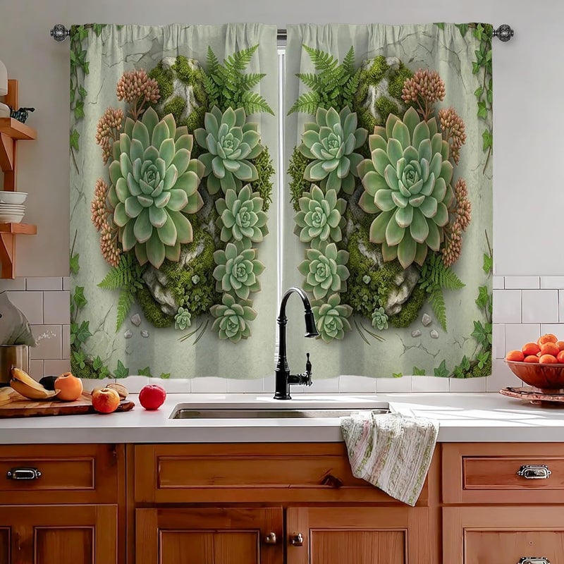 Succulent Kitchen Curtains, Natural Rustic Fern Stone Summer Green Cafe Curtain Panels with Rod Pocket Window Decoration for Dining Room Breakfast Nook Sink Area 26x45 Inch - Image 2