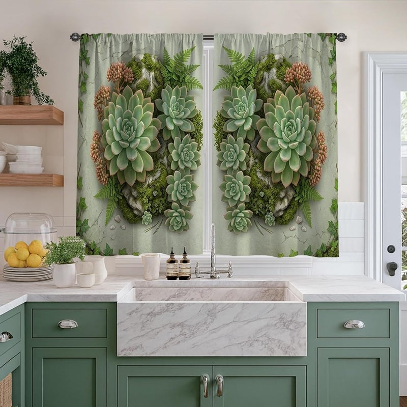 Succulent Kitchen Curtains, Natural Rustic Fern Stone Summer Green Cafe Curtain Panels with Rod Pocket Window Decoration for Dining Room Breakfast Nook Sink Area 26x45 Inch - Image 4