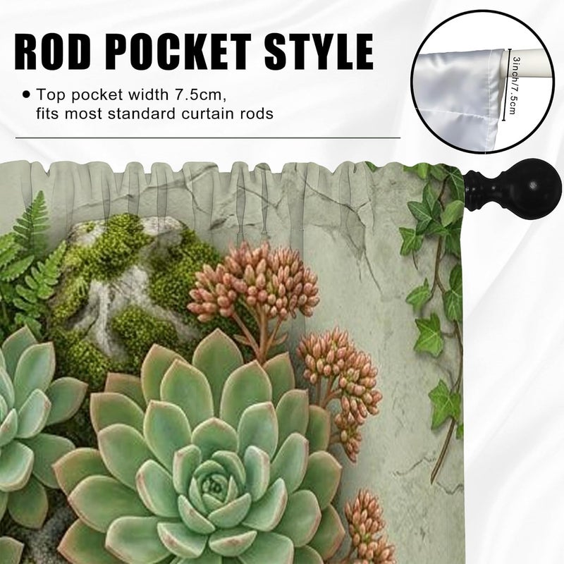 Succulent Kitchen Curtains, Natural Rustic Fern Stone Summer Green Cafe Curtain Panels with Rod Pocket Window Decoration for Dining Room Breakfast Nook Sink Area 26x45 Inch - Image 5