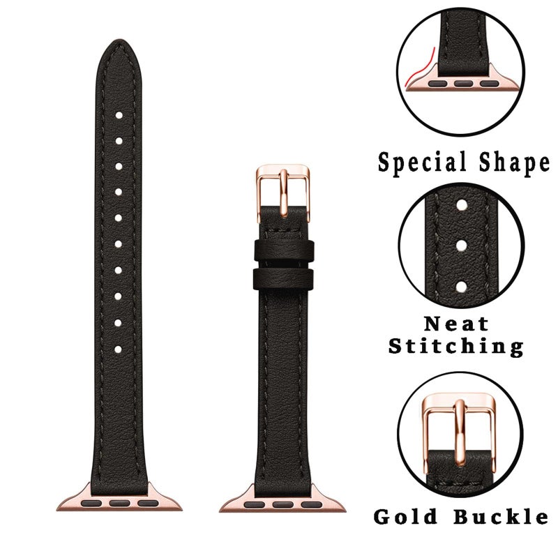 STIROLL Slim Leather Bands Compatible with Apple Watch Band 38mm 40mm 41mm 42mm(Series 11 10), Top Grain Leather Watch Thin Wristband for iWatch SE 9 8 7 6 5 4 3 2 1 (Black Rose Gold) - Image 2