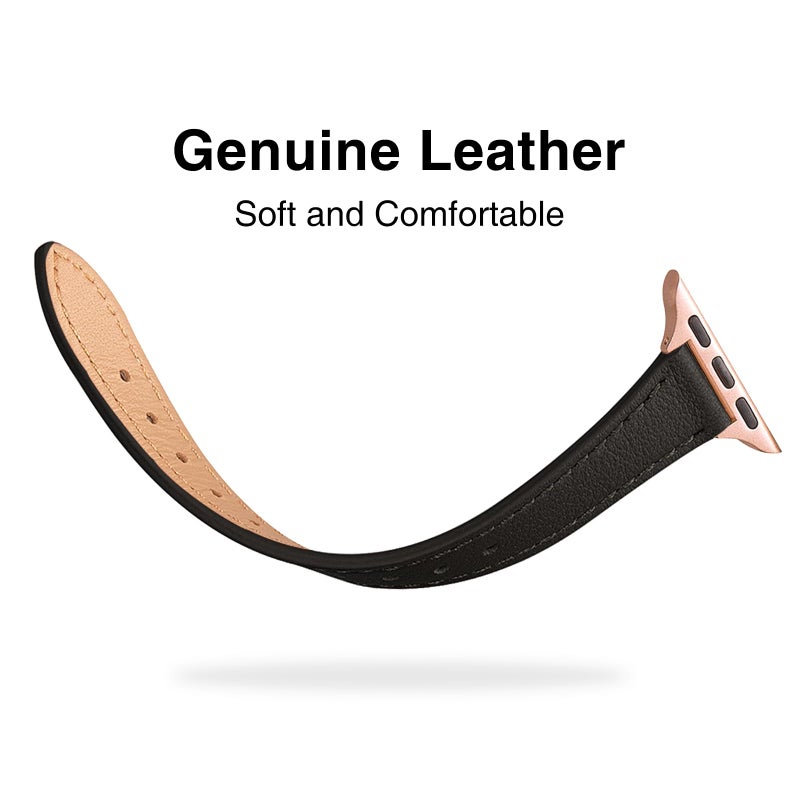 STIROLL Slim Leather Bands Compatible with Apple Watch Band 38mm 40mm 41mm 42mm(Series 11 10), Top Grain Leather Watch Thin Wristband for iWatch SE 9 8 7 6 5 4 3 2 1 (Black Rose Gold) - Image 3