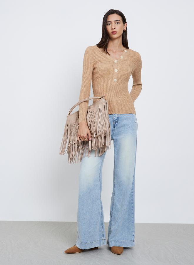 Styli Solid V Neck Button Front Asymmetric Fitted Sweater - Image 2