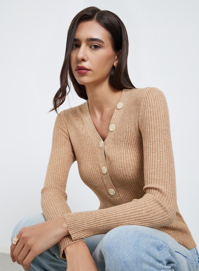 Styli Solid V Neck Button Front Asymmetric Fitted Sweater - Image 1