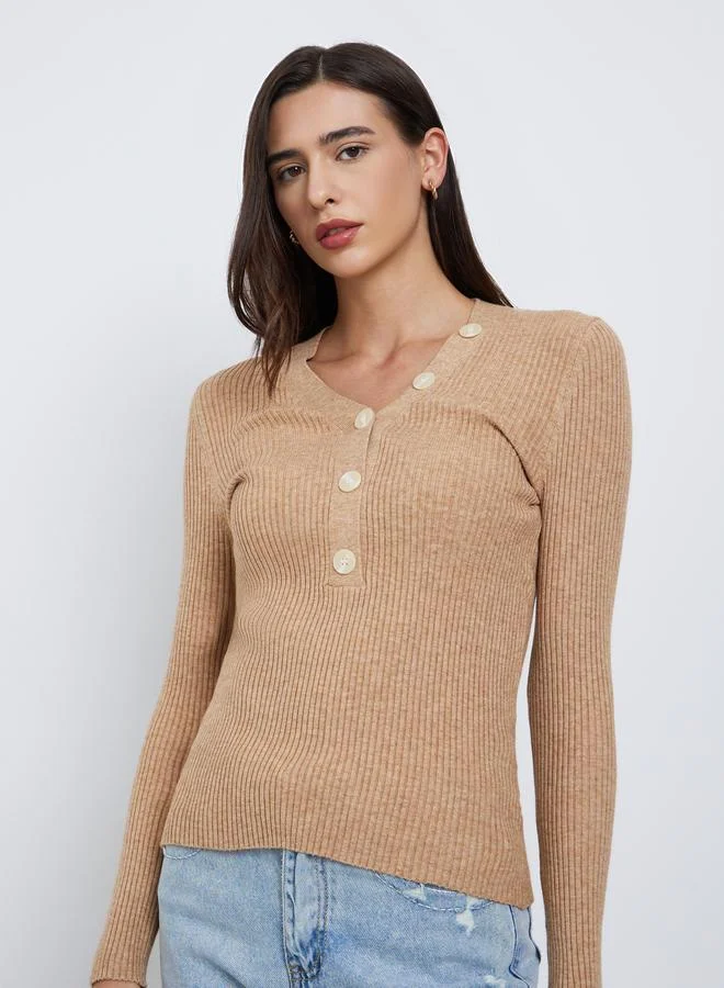 Styli Solid V Neck Button Front Asymmetric Fitted Sweater