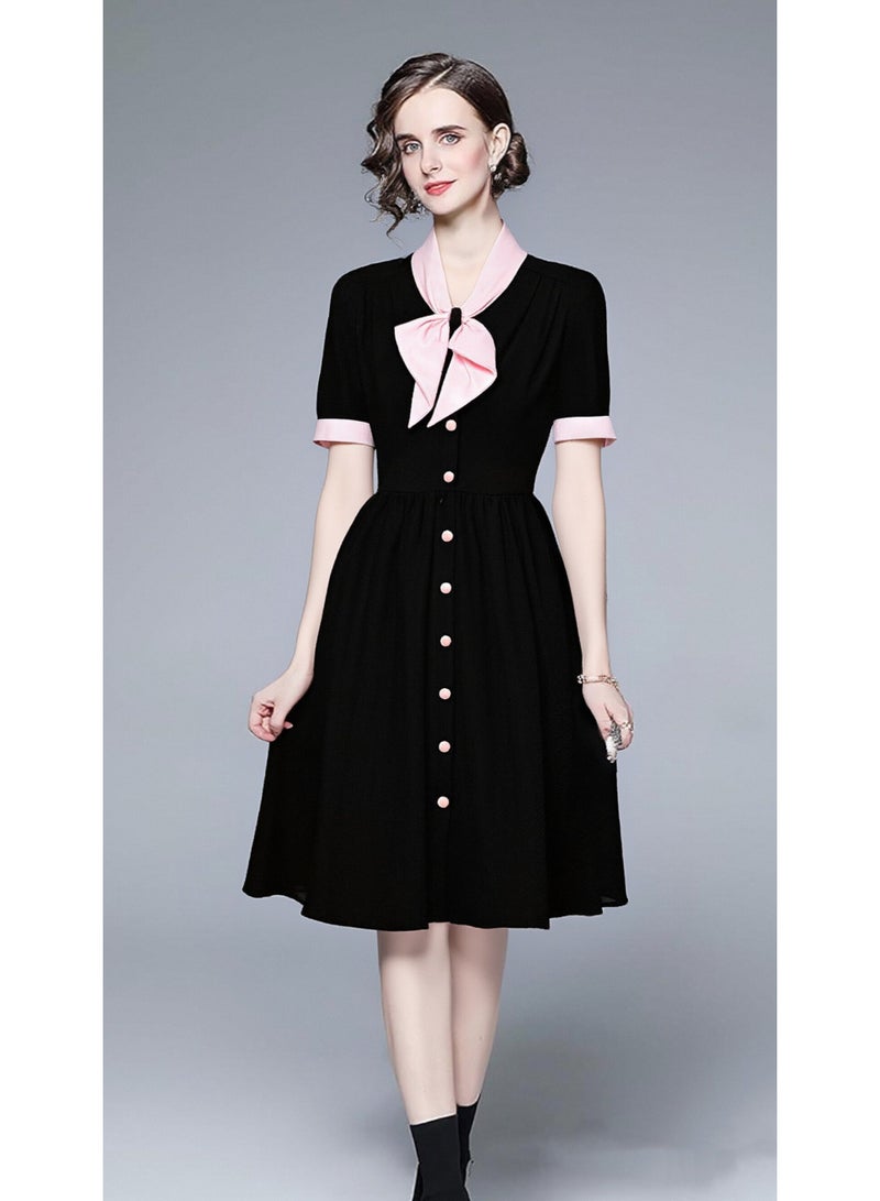 Women's Vintage Black & Pink Bow Collar Button-Down Midi Dress - Elegant Retro Style for Office & Party - Image 1