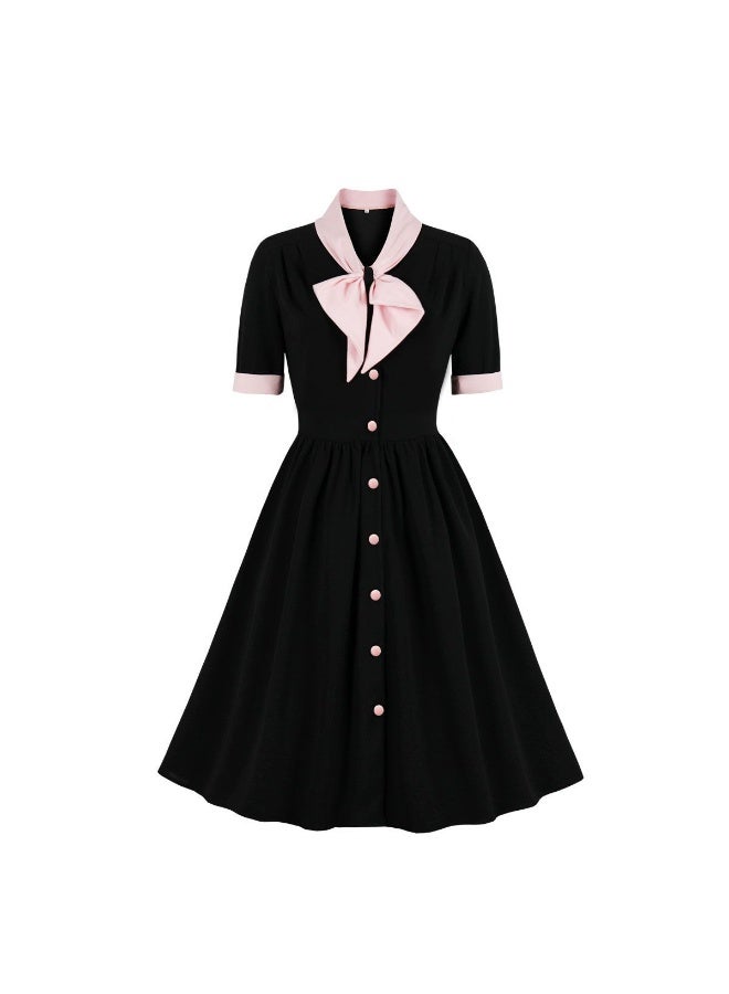 Women's Vintage Black & Pink Bow Collar Button-Down Midi Dress - Elegant Retro Style for Office & Party - Image 2