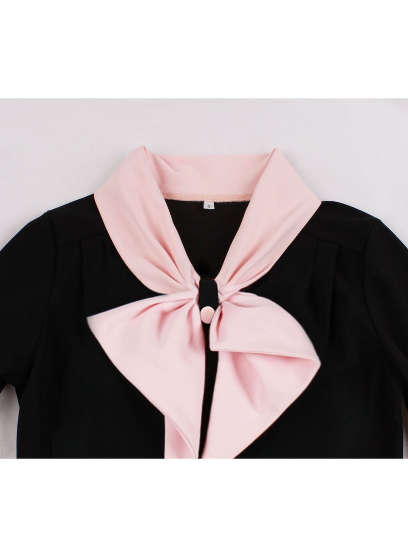 Women's Vintage Black & Pink Bow Collar Button-Down Midi Dress - Elegant Retro Style for Office & Party - Image 4