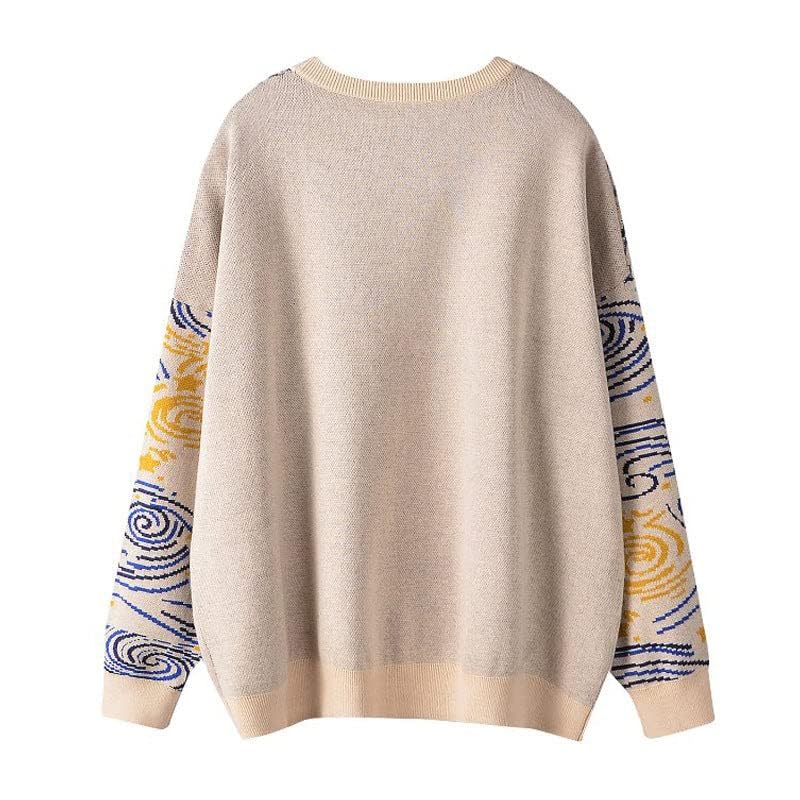 LILILEIDY Women's Long Sleeve Crew Neck Sweatshirt Knit Pullover Casual Van Gogh Cartoon Sweater (US, Alpha, X-Large, Regular, Regular, Beige) - Image 3