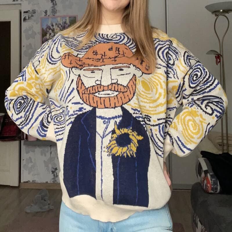LILILEIDY Women's Long Sleeve Crew Neck Sweatshirt Knit Pullover Casual Van Gogh Cartoon Sweater (US, Alpha, X-Large, Regular, Regular, Beige) - Image 2
