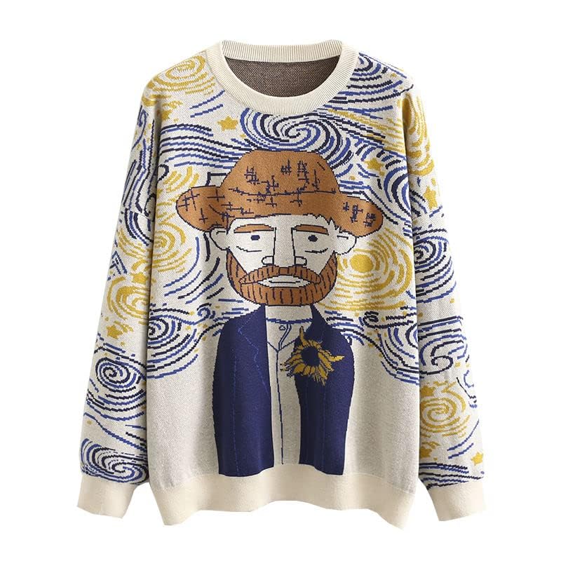 LILILEIDY Women's Long Sleeve Crew Neck Sweatshirt Knit Pullover Casual Van Gogh Cartoon Sweater (US, Alpha, X-Large, Regular, Regular, Beige) - Image 1