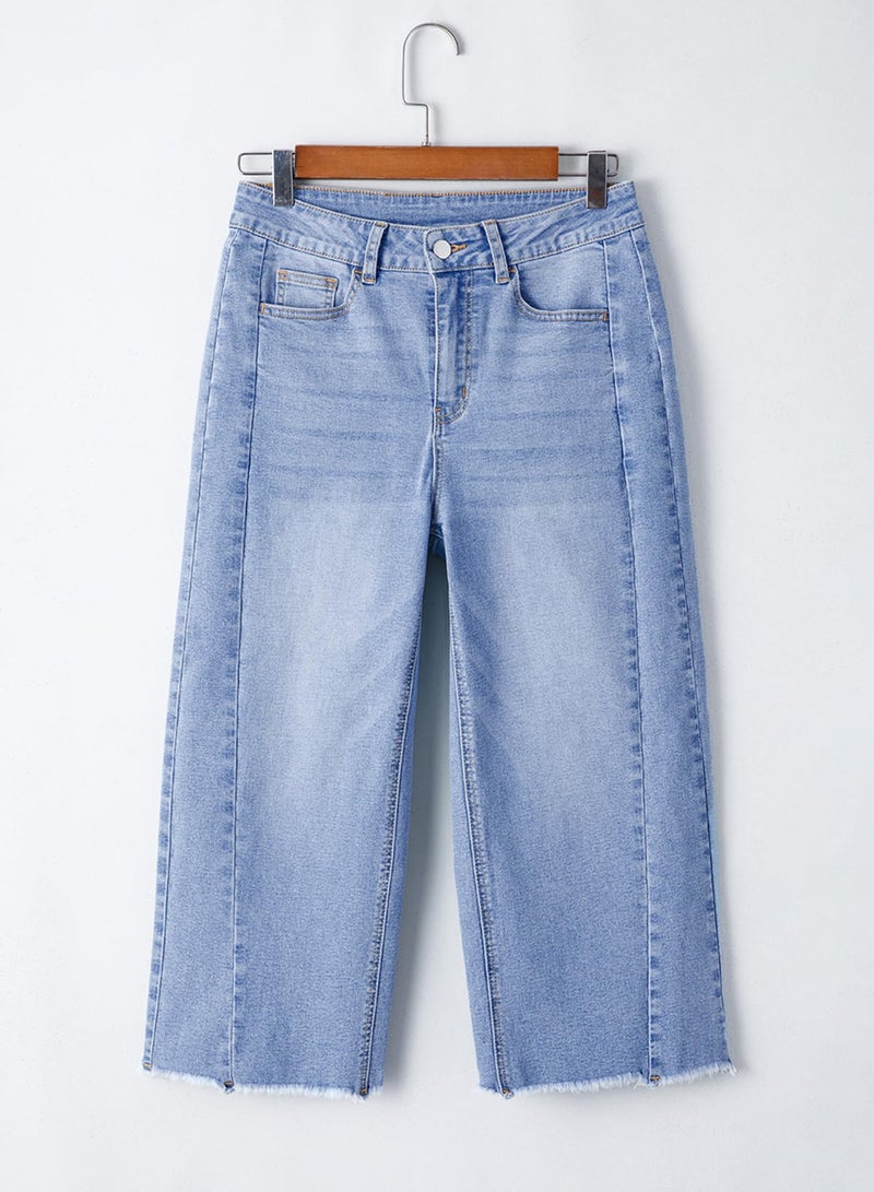 Sidefeel Women's High Waisted Jeans Stretchy Wide Leg Raw Hem Capri Pants Size 12 Sky Blue - Image 5